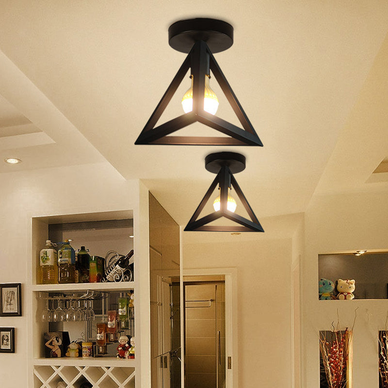 Iron Caged Flushmount Ceiling Lamp Industrial 1-Bulb Hallway Flush Mount Lighting in Black
