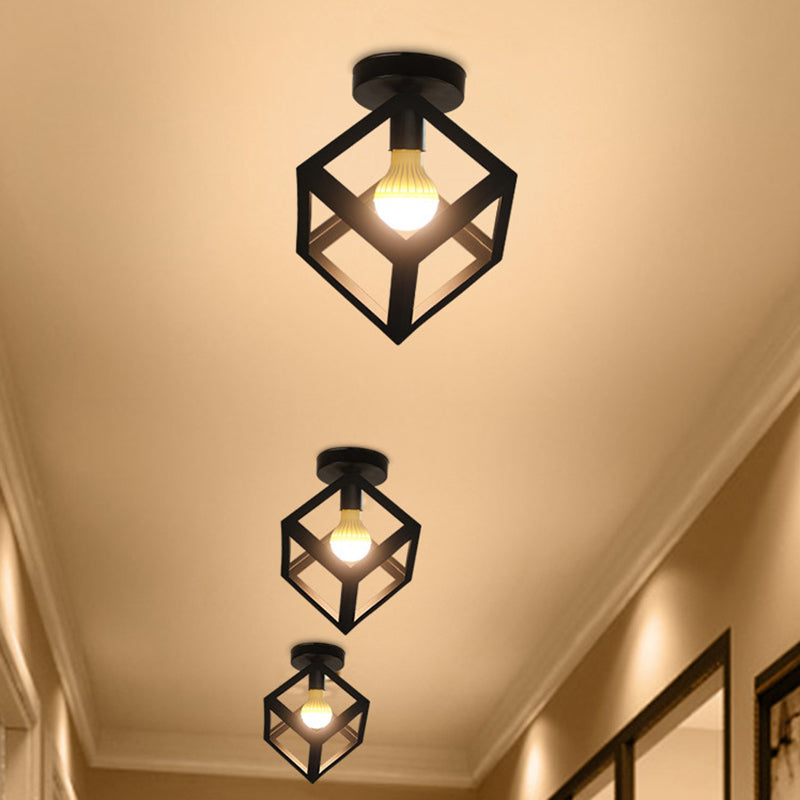 Fer Cage Flushmount Ceiling Lamp Industrial 1-Bulb Hallway Flush Mount Lighting in Black