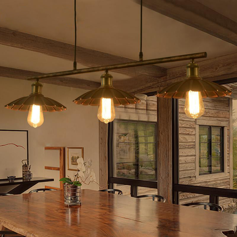 Rust Scalloped Suspended Lighting Fixture Industrial Metal 3-Bulb Bistro over Island Lighting
