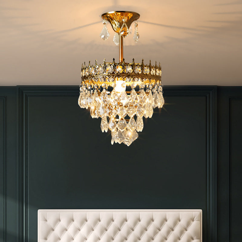 Éclairage de pendentif en forme de couronne vintage LIMPLE DE PLADIER METAL-METAL avec des gouttes de cristal effilées