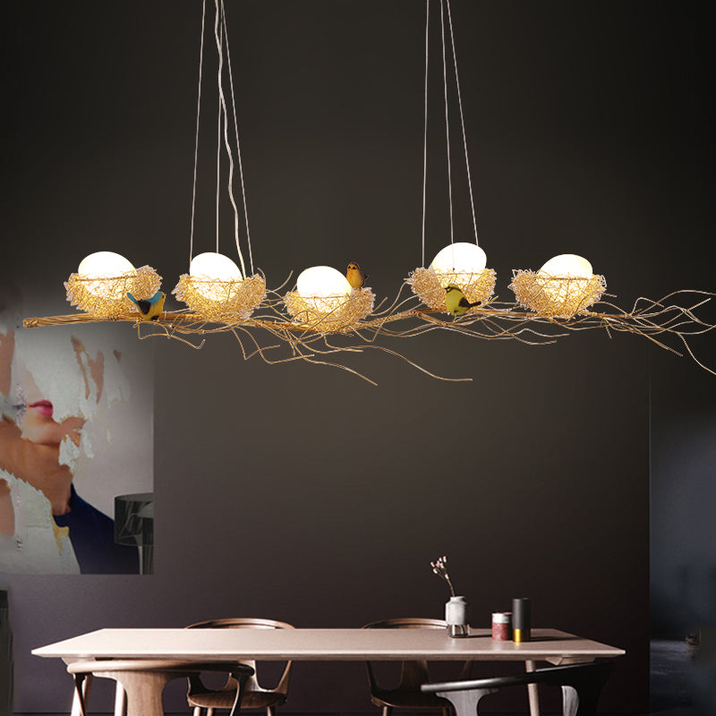 Aluminum Wire Nest Island Lamp Artistic Dining Room Suspension Lamp with Egg and Bird in Wood