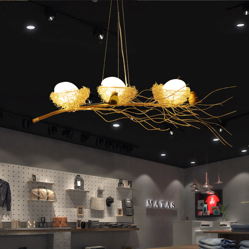 Aluminum Wire Nest Island Lamp Artistic Dining Room Suspension Lamp with Egg and Bird in Wood