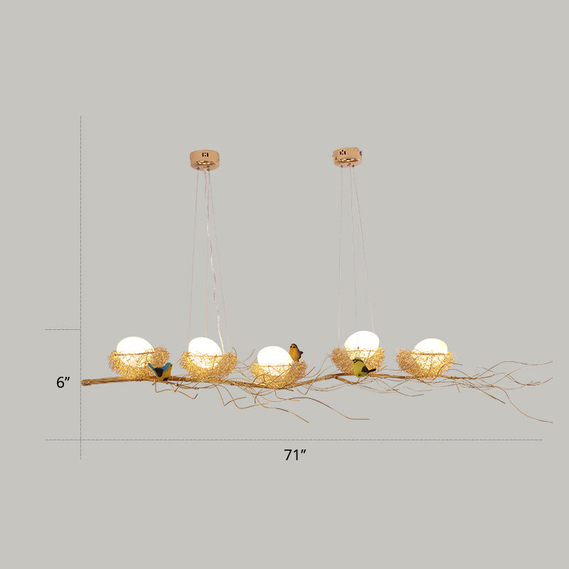 Aluminum Wire Nest Island Lamp Artistic Dining Room Suspension Lamp with Egg and Bird in Wood