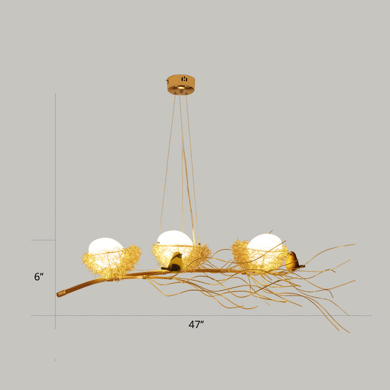 Aluminum Wire Nest Island Lamp Artistic Dining Room Suspension Lamp with Egg and Bird in Wood