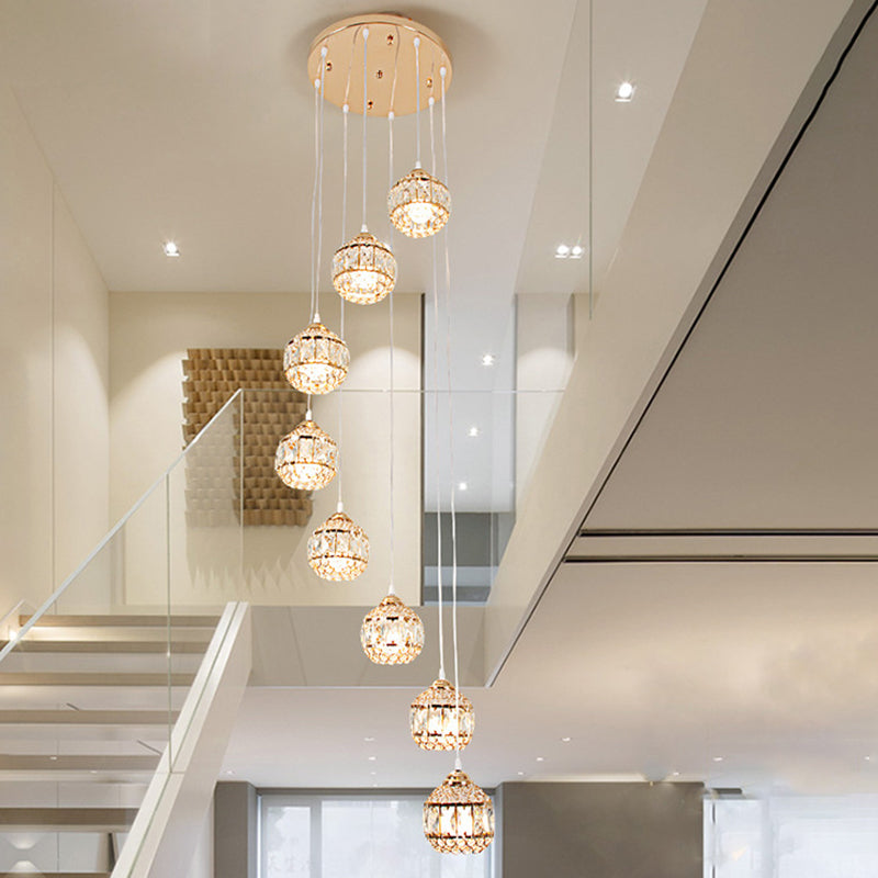 Crystal Encrusted Sphere Multi-Light Pendant Modern Style Ceiling Hanging Lantern in Gold for Staircase