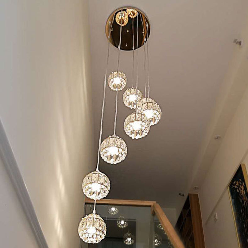 Crystal Encrusted Sphere Multi-Light Pendant Modern Style Ceiling Hanging Lantern in Gold for Staircase
