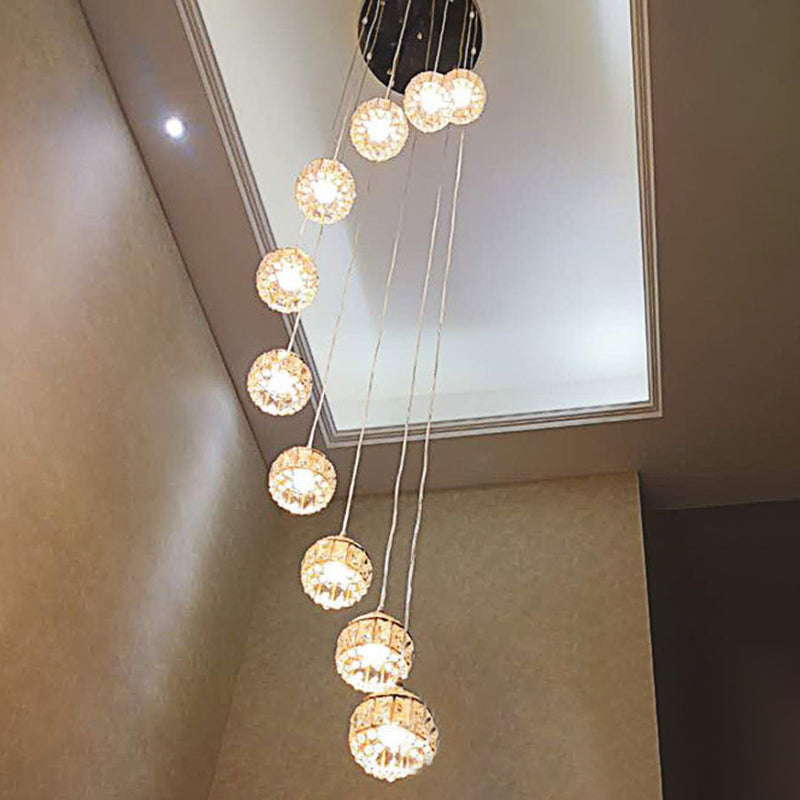 Crystal Encrusted Sphere Multi-Light Pendant Modern Style Ceiling Hanging Lantern in Gold for Staircase