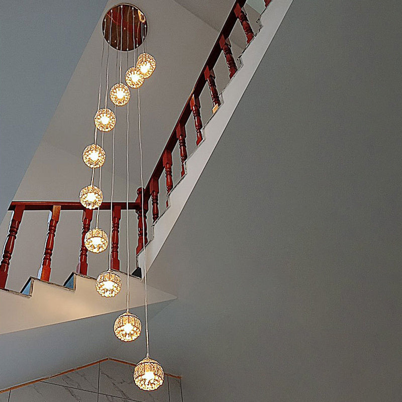 Crystal Encrusted Sphere Multi-Light Pendant Modern Style Ceiling Hanging Lantern in Gold for Staircase