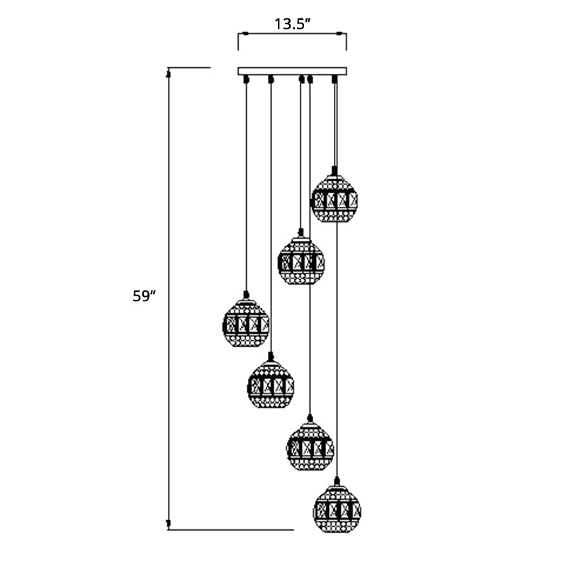 Crystal Encrusted Sphere Multi-Light Pendant Modern Style Ceiling Hanging Lantern in Gold for Staircase