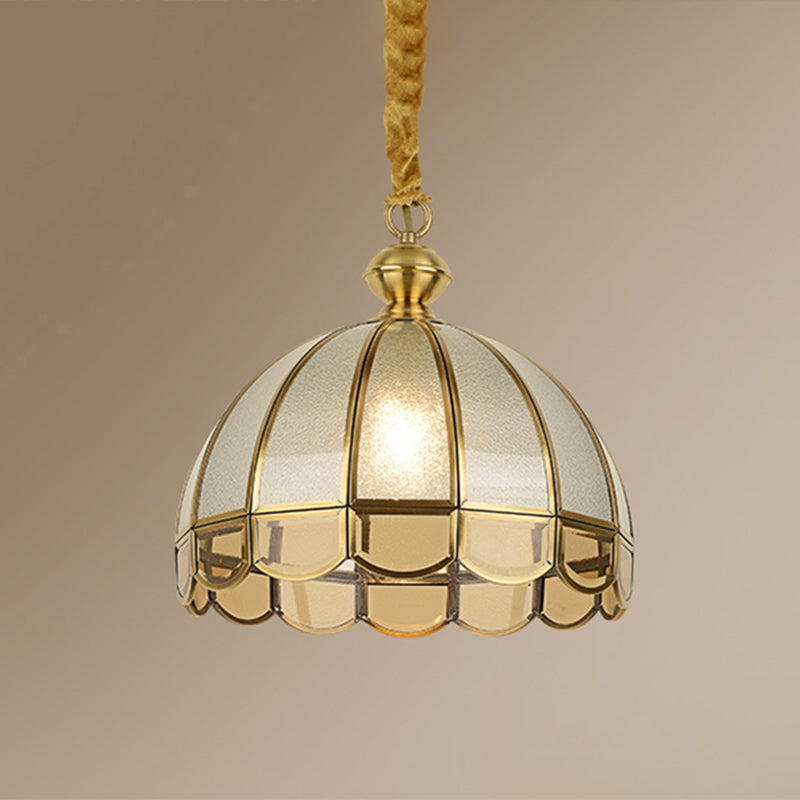 Dome Dining Room Pendulum Light Antique Textured Glass 1 Head Gold Pendant Light with Scalloped Edge