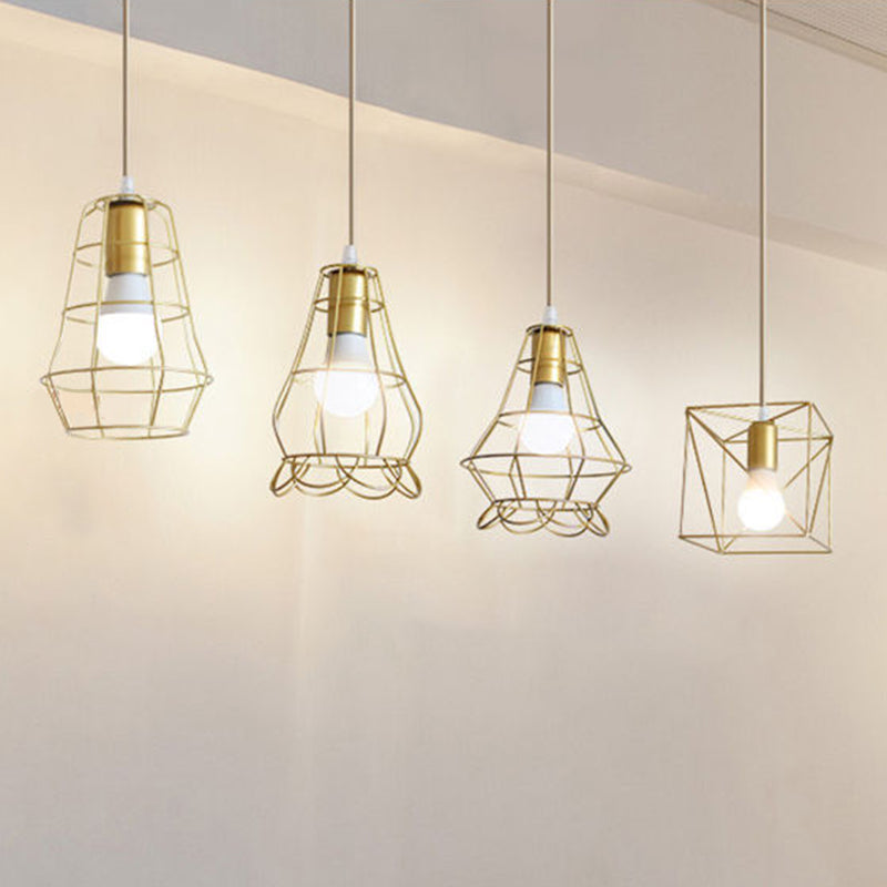 Metal Wire Cage Hanging Lamp Nordic Style Single Dining Room Ceiling Pendant Light in Gold