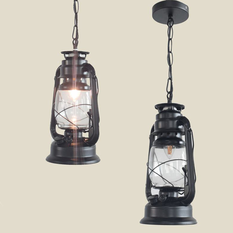 Nautical Kerosene Lantern Pendant Light Single-Bulb Clear Glass Hanging Lamp for Corridor