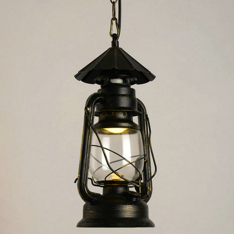 Nautical Kerosene Lantern Pendant Light Single-Bulb Clear Glass Hanging Lamp for Corridor