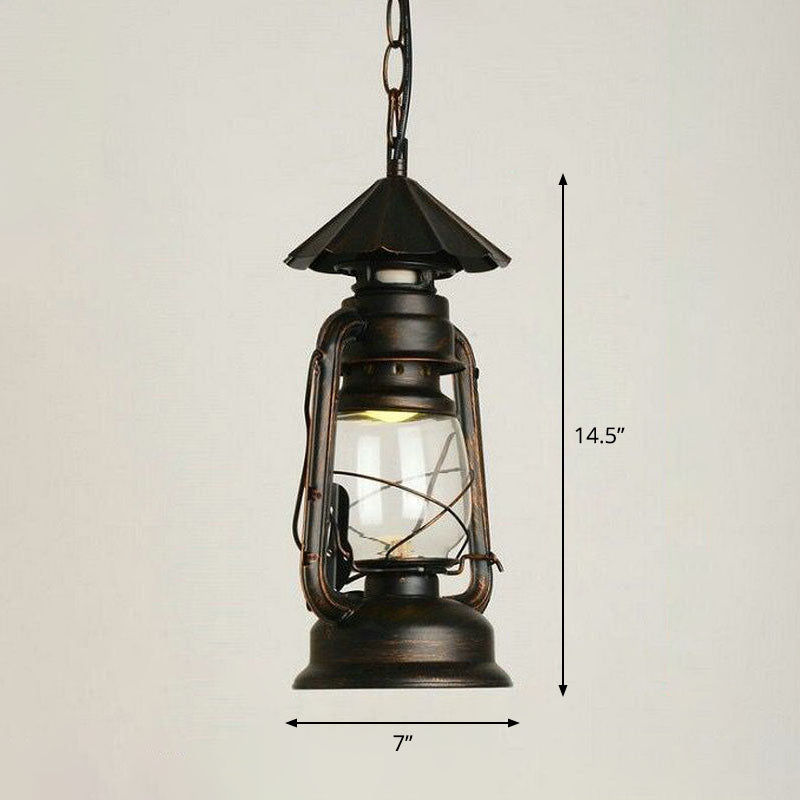 Nautical Kerosene Lantern Pendant Light Single-Bulb Clear Glass Hanging Lamp for Corridor