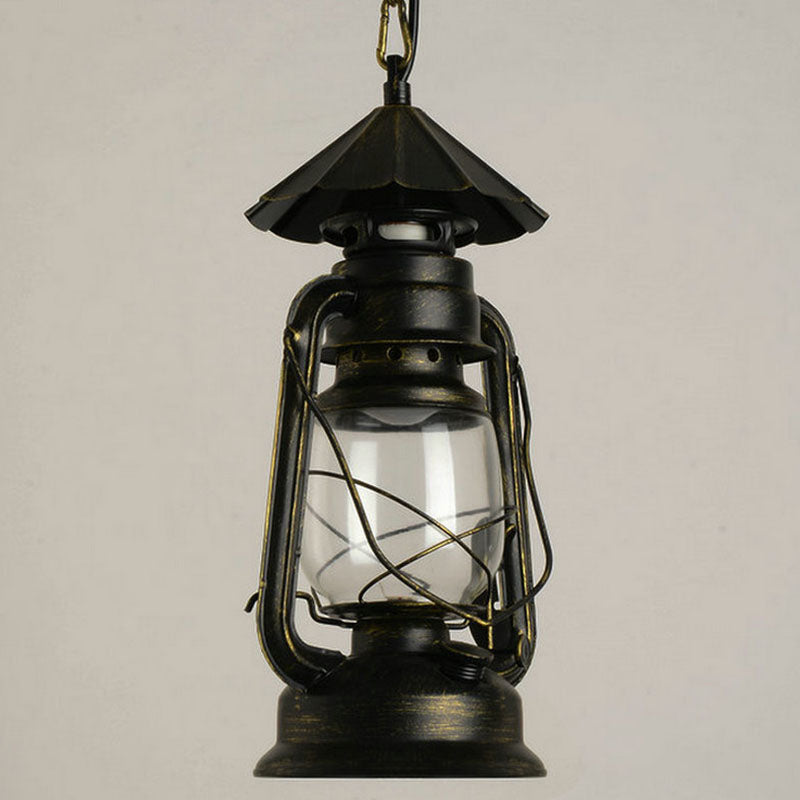 Nautical Kerosene Lantern Pendant Light Single-Bulb Clear Glass Hanging Lamp for Corridor