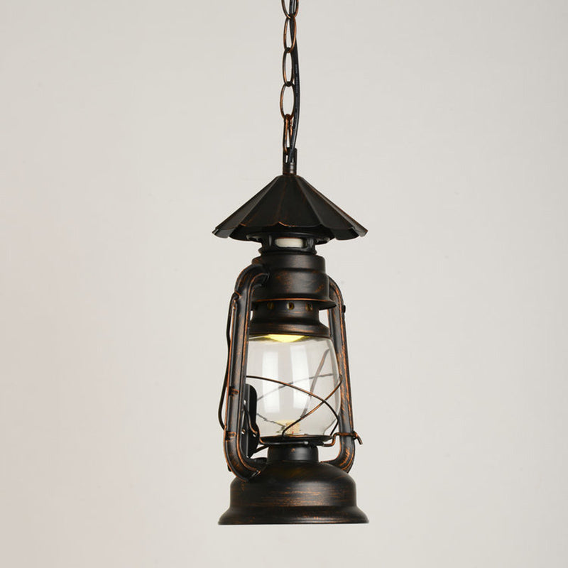Nautical Kerosene Lantern Pendant Light Single-Bulb Clear Glass Hanging Lamp for Corridor
