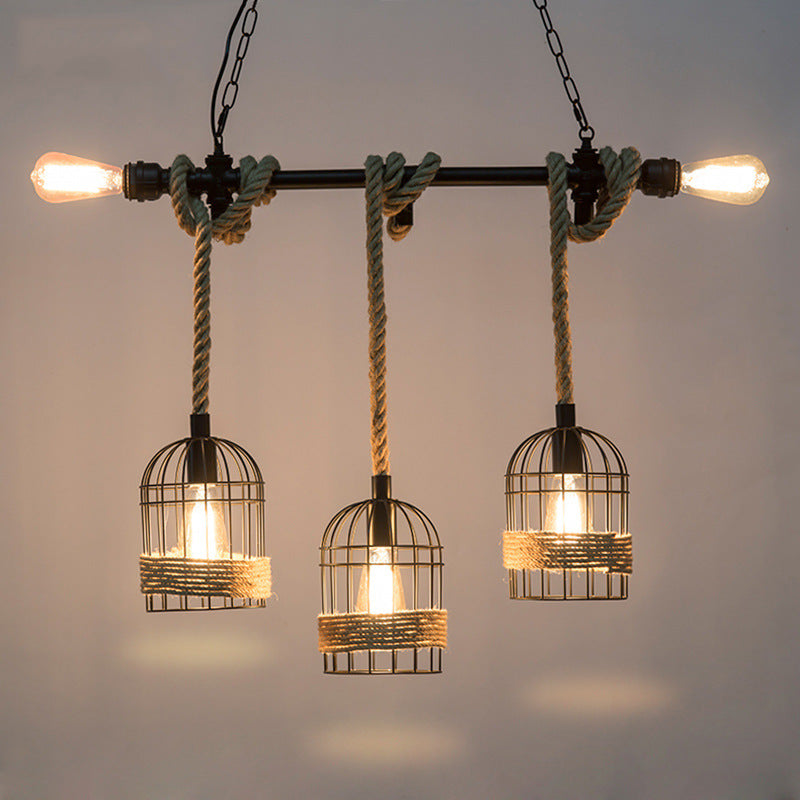 Birdcage Rope Island Ceiling Light Rustic 5-Light Dining Room Pendant Lighting in Black