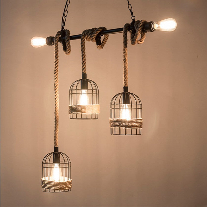 Birdcage Rope Island Ceiling Light Rustic 5-Light Dining Room Pendant Lighting in Black