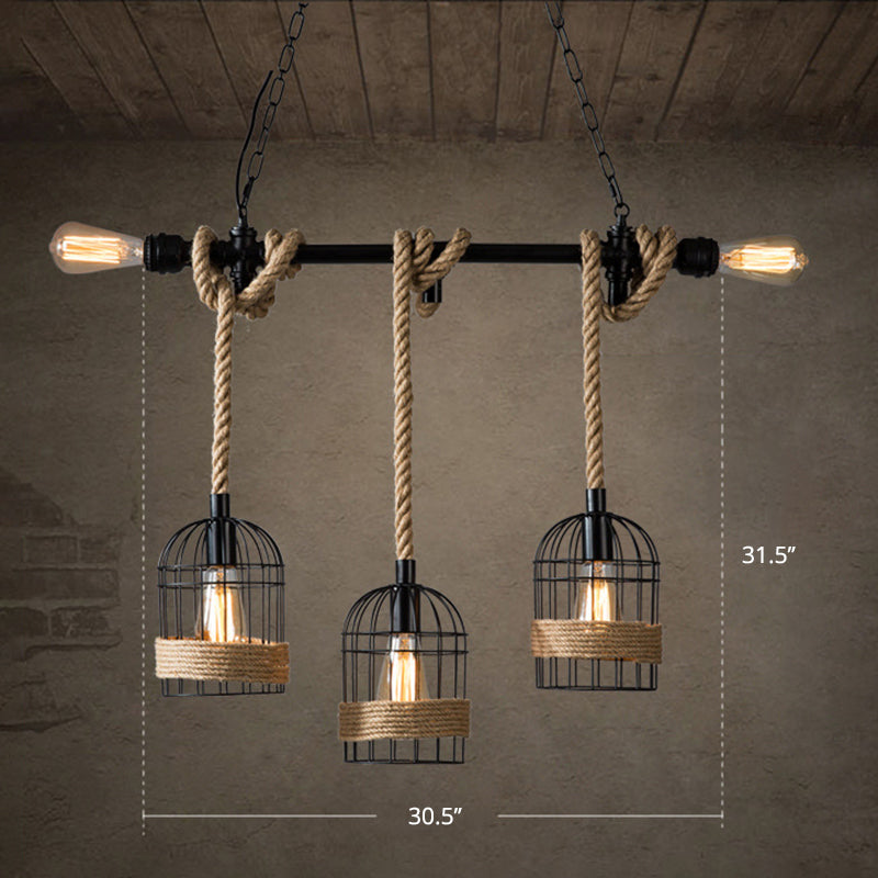 Birdcage Rope Island Ceiling Light Rustic 5-Light Dining Room Pendant Lighting in Black