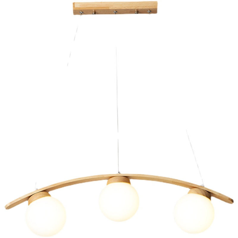 Arc Island Ceiling Light Nordic Wooden 3-Head Dining Room Hanging Lamp with Ball White Glass Shade