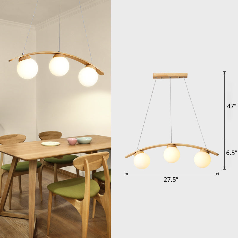Arc Island Ceiling Light Nordic Wooden 3-Head Dining Room Hanging Lamp with Ball White Glass Shade
