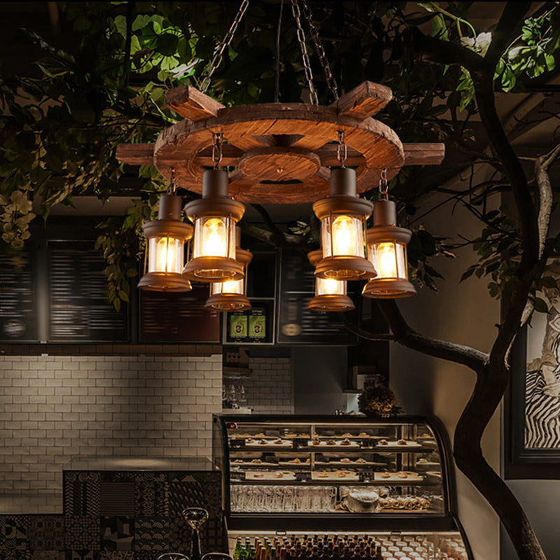 Lámpara de suspensión de linterna de vidrio transparente lámpara de techo de sala de estar náutica en madera