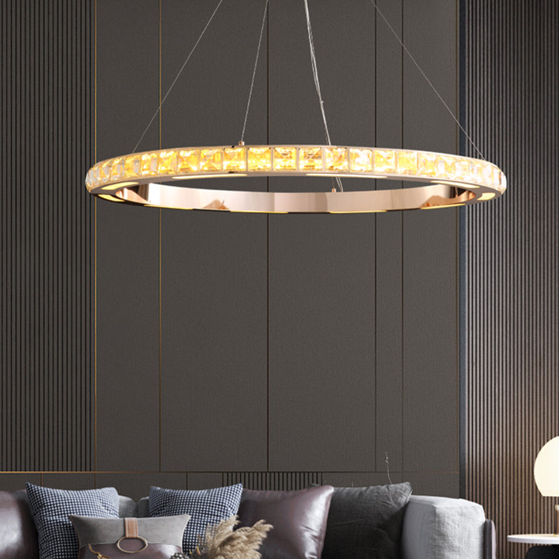 Gold Ring Shaped Chandelier Simple Crystal Embedded LED Pendant Light for Living Room