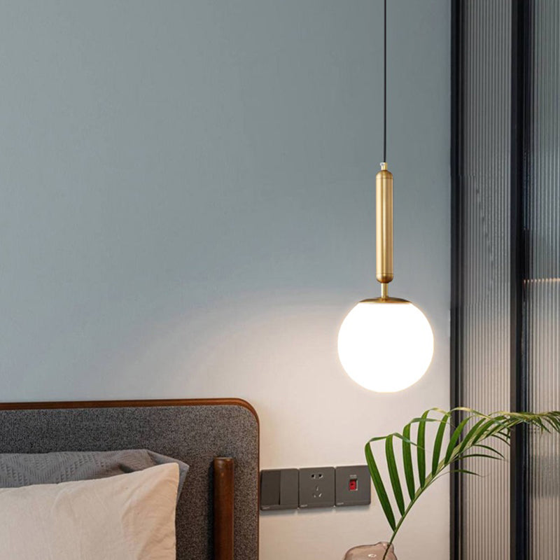 Minimalist Ball Hanging Ceiling Light Opal Blown Glass 1 Bulb Bedside Pendulum Light in Gold