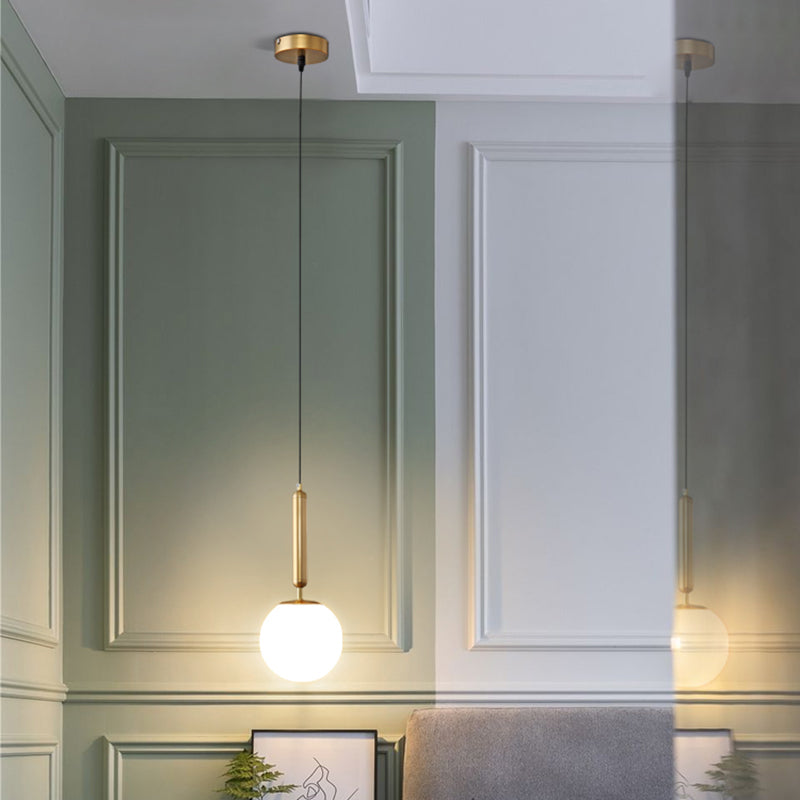 Minimalist Ball Hanging Ceiling Light Opal Blown Glass 1 Bulb Bedside Pendulum Light in Gold