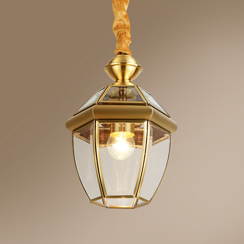 Hexagonal Clear Glass Lantern Pendant Retro 1-Light Foyer Hanging Lamp Kit in Gold