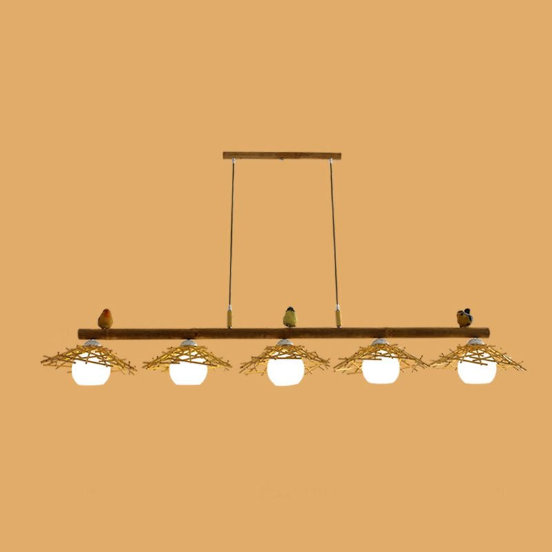 Cottage conico Isola Light Bamboo Bamboo Accensione in legno con ombra di vetro bianco cupola