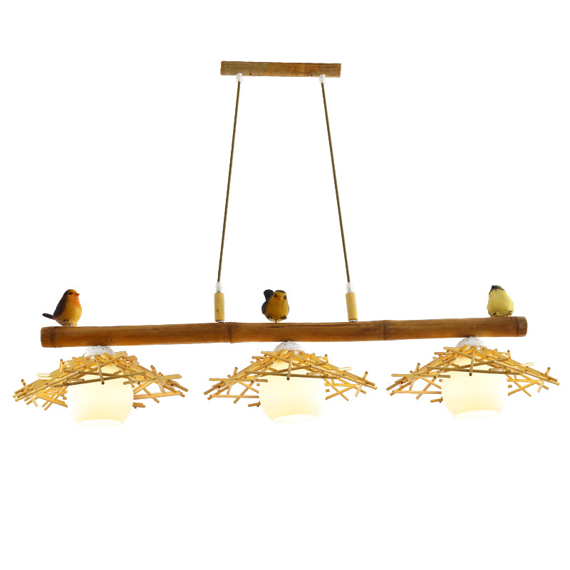 Cottage Conical Island Light Bamboo Pendant Lighting in Wood with Dome White Glass Shade