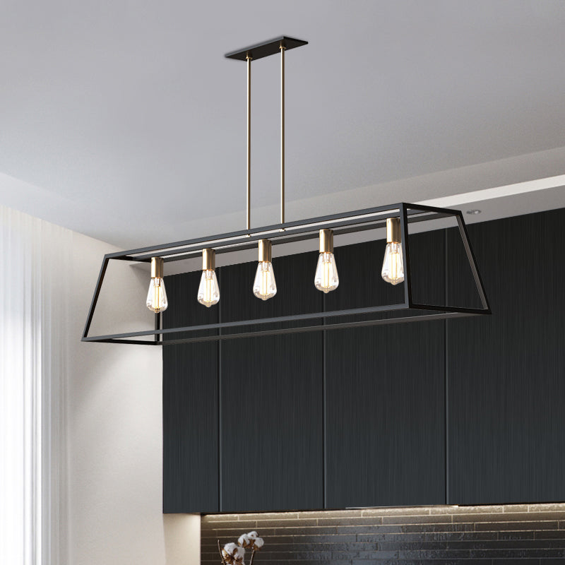 5 Bulbs Metal Island Light Fixture Industrial Black Trapezoid Dining Room Ceiling Suspension Lamp