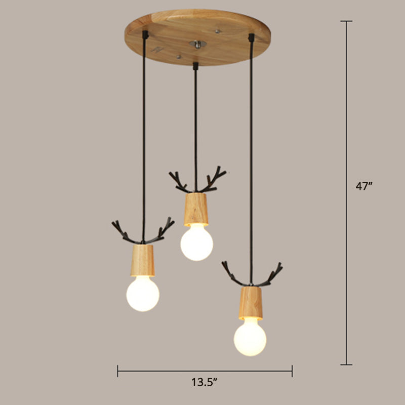 Nordic Antler Multipli sospeso in legno a 3 luci a soffitto a 3 luci con design a lampadina aperta
