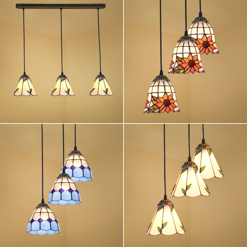 Tapered Stained Glass Cluster Pendant Light Tiffany 3 Lights Suspension Lighting Fixture