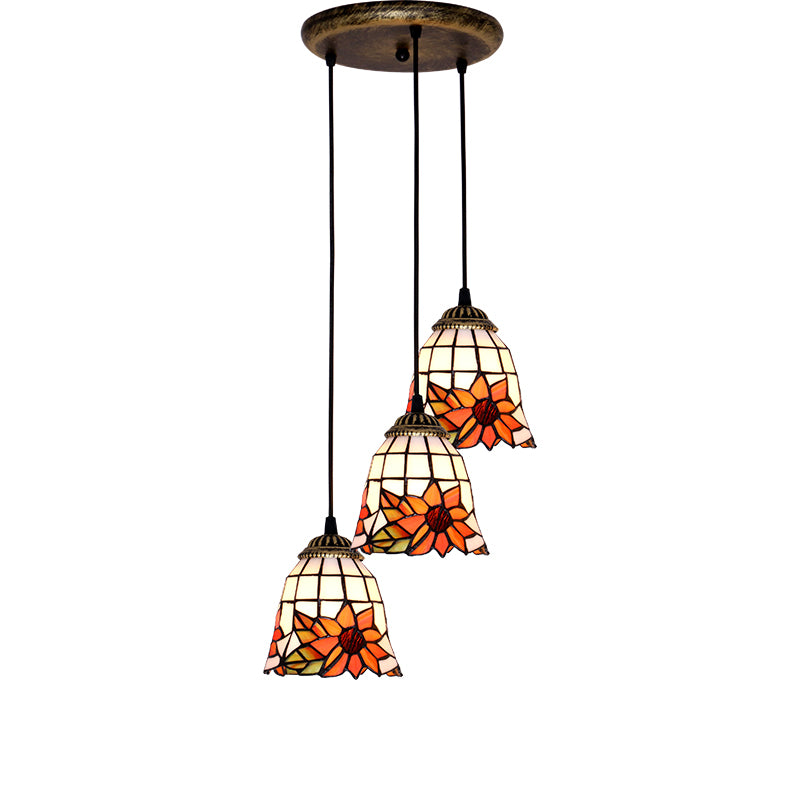 Tapered Stained Glass Cluster Pendant Light Tiffany 3 Lights Suspension Lighting Fixture