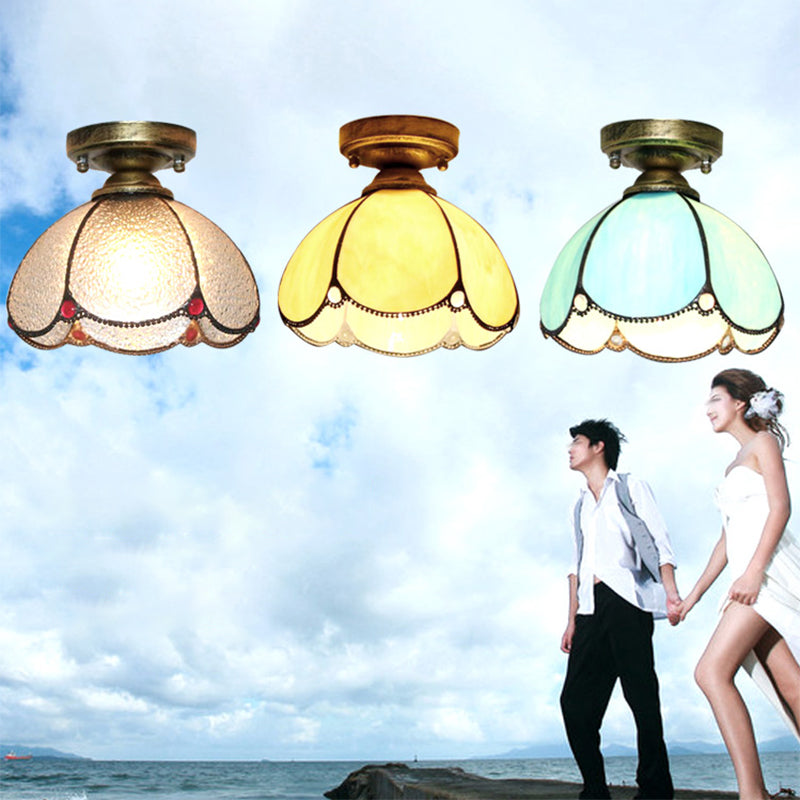 Scalloped Stained Glass Flushmount Tiffany Single-Bulb Flush Mount Ceiling Light for Corridor