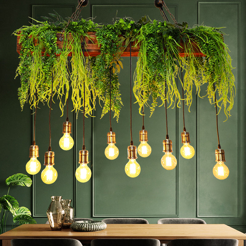 10 bulbes Island Light Industrial Bare Metal Metal Hanging Light avec Faux Fern Deco en vert