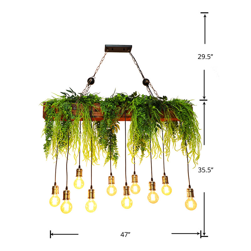 10 bulbes Island Light Industrial Bare Metal Metal Hanging Light avec Faux Fern Deco en vert