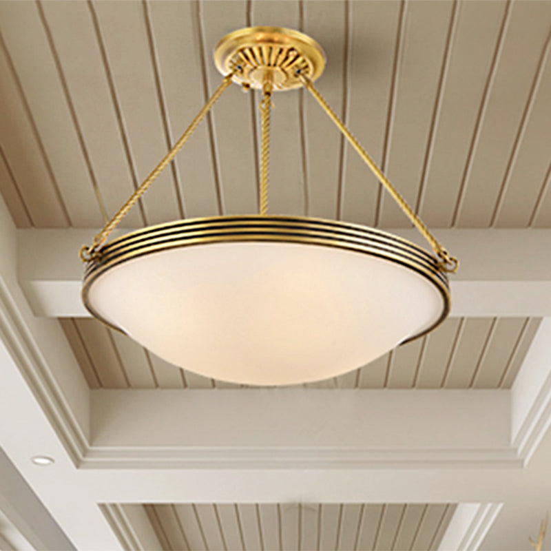 4-Light Opal Glass Hanging Chandelier Traditional Brass Bowl Living Room Pendant Light Fixture, 15"/19" Wide
