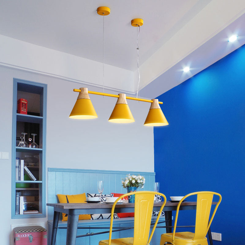 Conical over Island Lighting Macaron Metal 3 Bulbs Restaurant Hanging Light Fixture