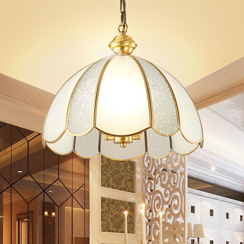 Traditional Scalloped Pendant Lighting Single-Bulb Frosted Glass Hanging Light in Gold