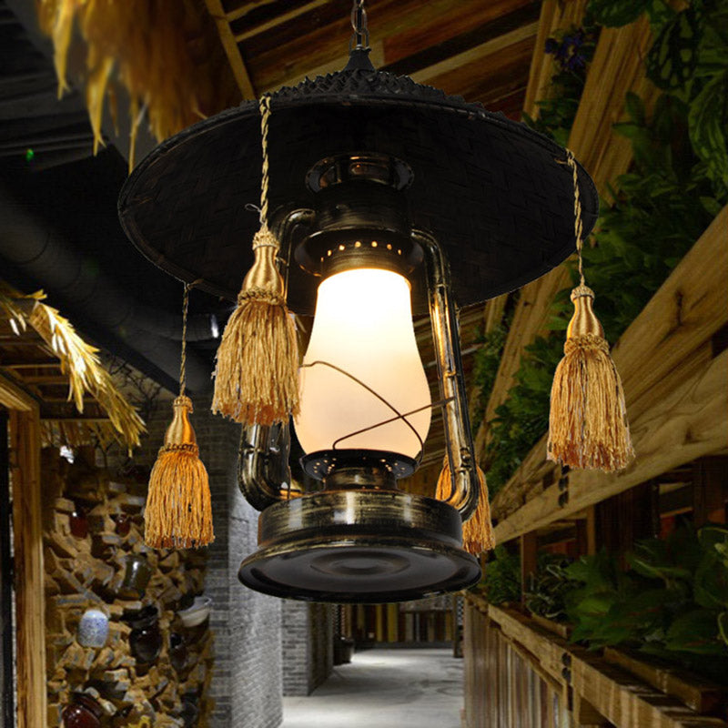Opal Glass Kerosene Ceiling Lamp Rustic 1 Bulb Aisle Hanging Light with Tassel and Cone Hat Top in Black