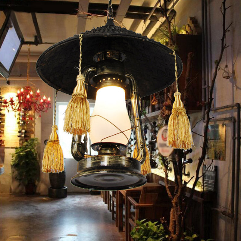 Opal Glass Kerosene Ceiling Lamp Rustic 1 Bulb Aisle Hanging Light with Tassel and Cone Hat Top in Black