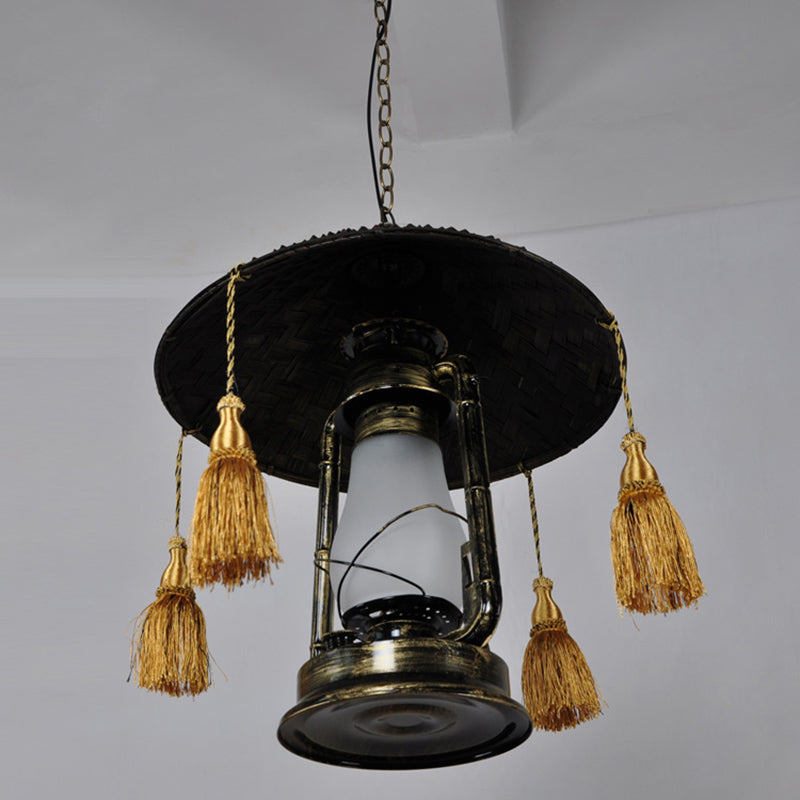 Opal Glass Kerosene Ceiling Lamp Rustic 1 Bulb Aisle Hanging Light with Tassel and Cone Hat Top in Black