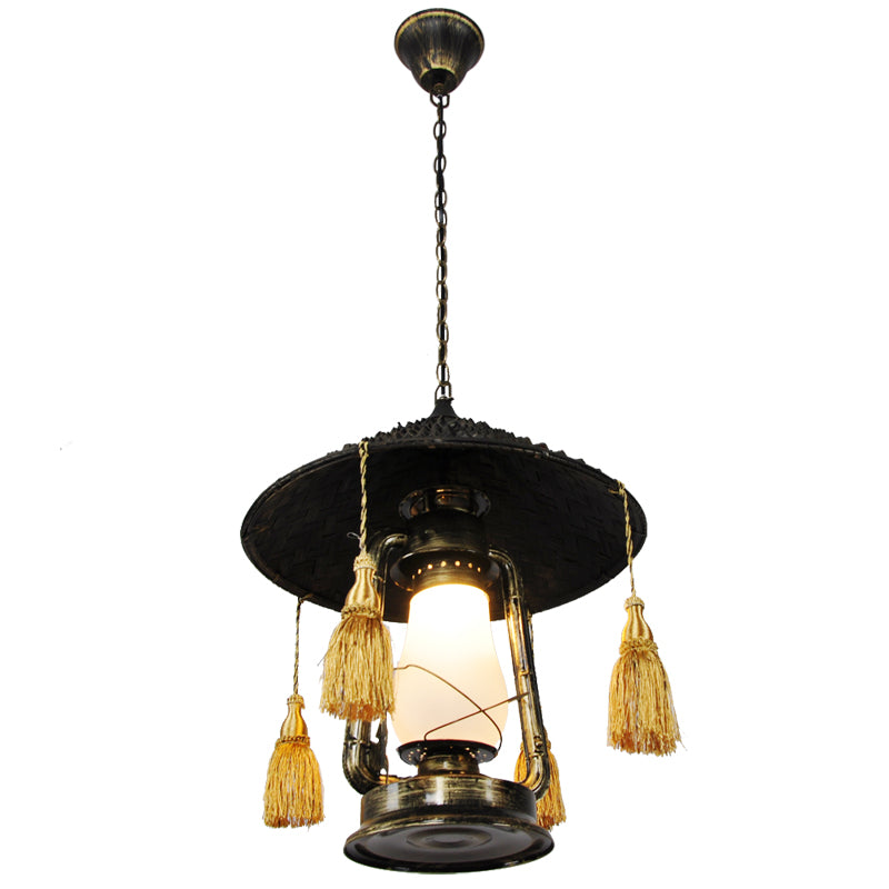 Opal Glass Kerosene Ceiling Lamp Rustic 1 Bulb Aisle Hanging Light with Tassel and Cone Hat Top in Black
