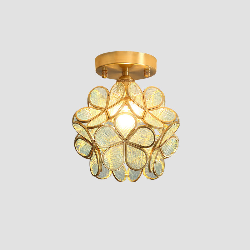 Tiffany Floral Semi Mount Lighting 1-lichts glazen plafondinbouwlamp in messing voor gang