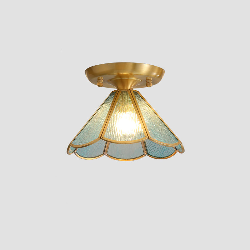 Tiffany Floral Semi Mount Lighting 1-lichts glazen plafondinbouwlamp in messing voor gang
