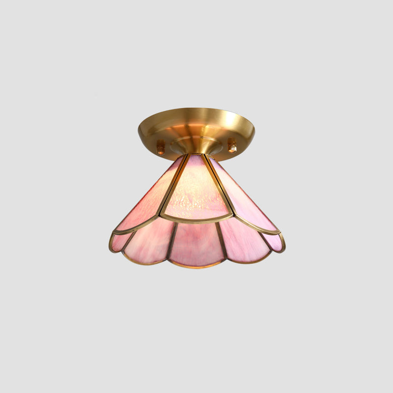 Tiffany Floral Semi Mount Lighting 1-lichts glazen plafondinbouwlamp in messing voor gang