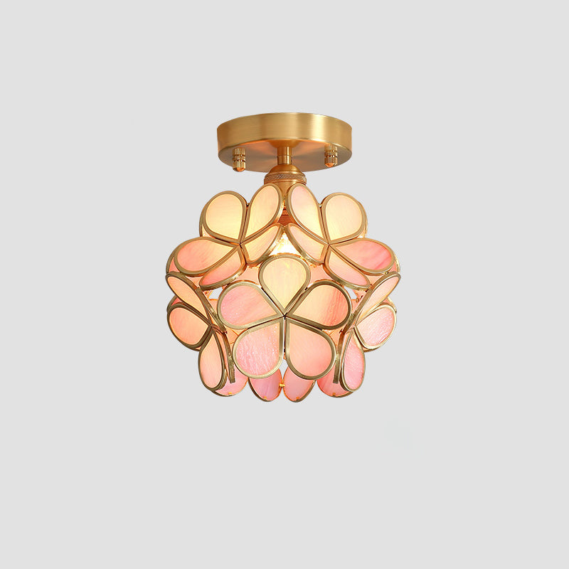 Tiffany Floral Semi Mount Lighting 1-lichts glazen plafondinbouwlamp in messing voor gang